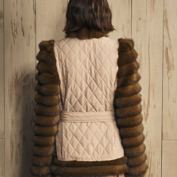 Khaki Casual Women's Quilted Fluffy Coat with Fake Fur - Picture 2 of 9